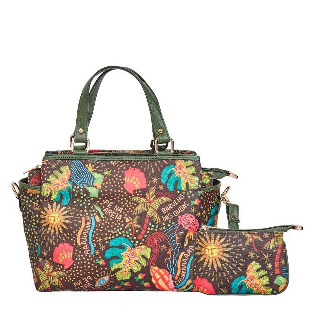 Printed Fabric Green Satchel Bag & Coin Pouch Set Combo for Women